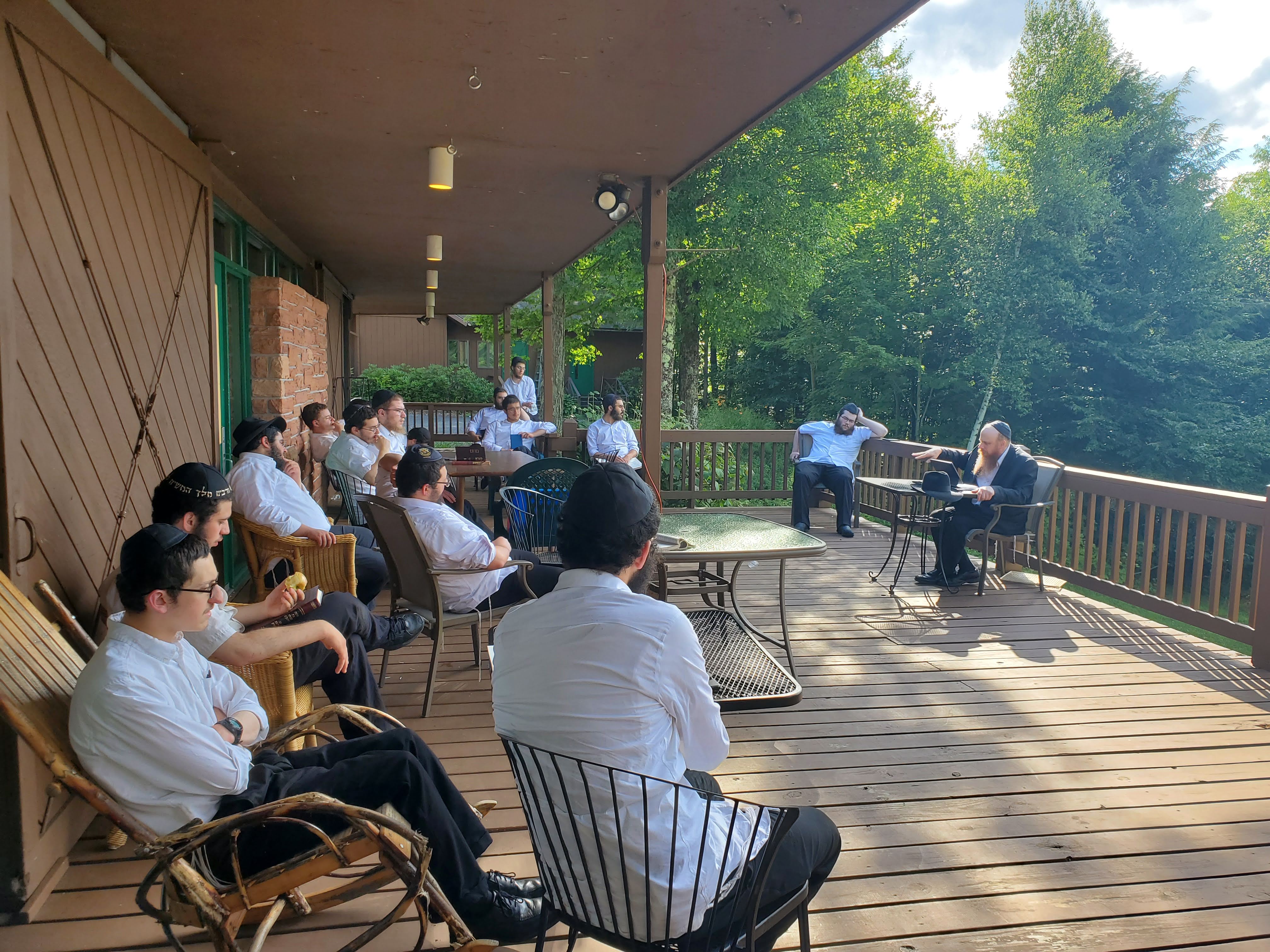 Outdoor shiur on the porch